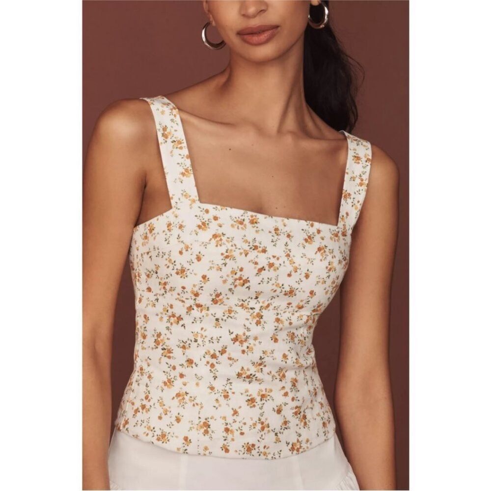 Reformation Floral Button Down Top - Cream and Orange